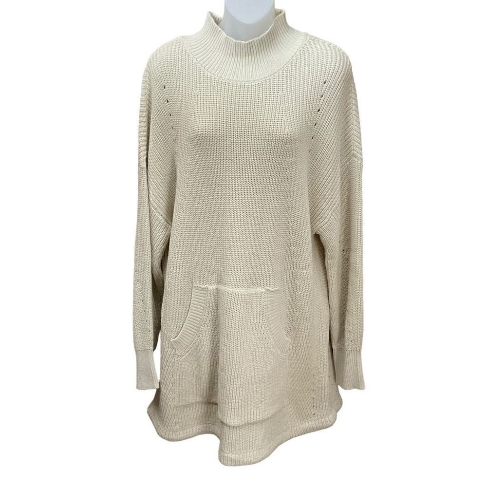 RDI Sweater Tunic Mock Turtleneck Funnel Tan Sand Kangaroo Pocket Women Medium